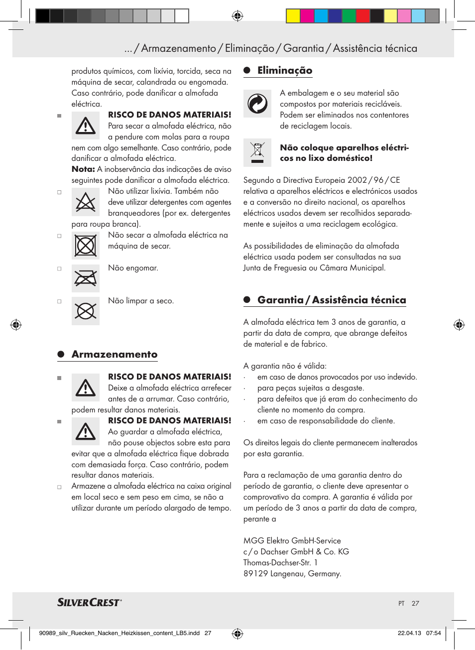 Armazenamento, Eliminação, Garantia / assistência técnica | Silvercrest SRNH 100 B2 User Manual | Page 27 / 45