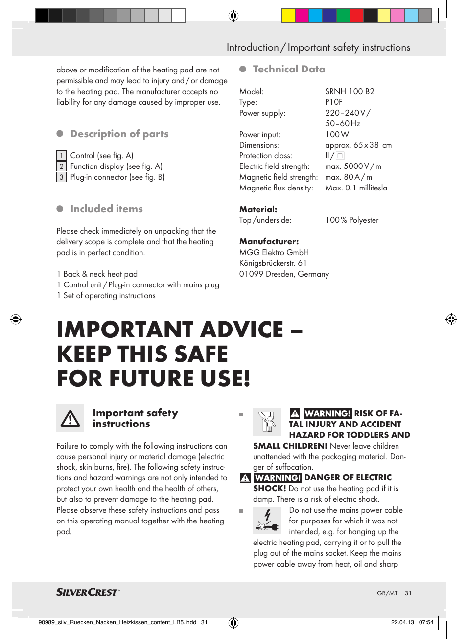Important advice – keep this safe for future use, Introduction / important safety instructions | Silvercrest SRNH 100 B2 User Manual | Page 31 / 45