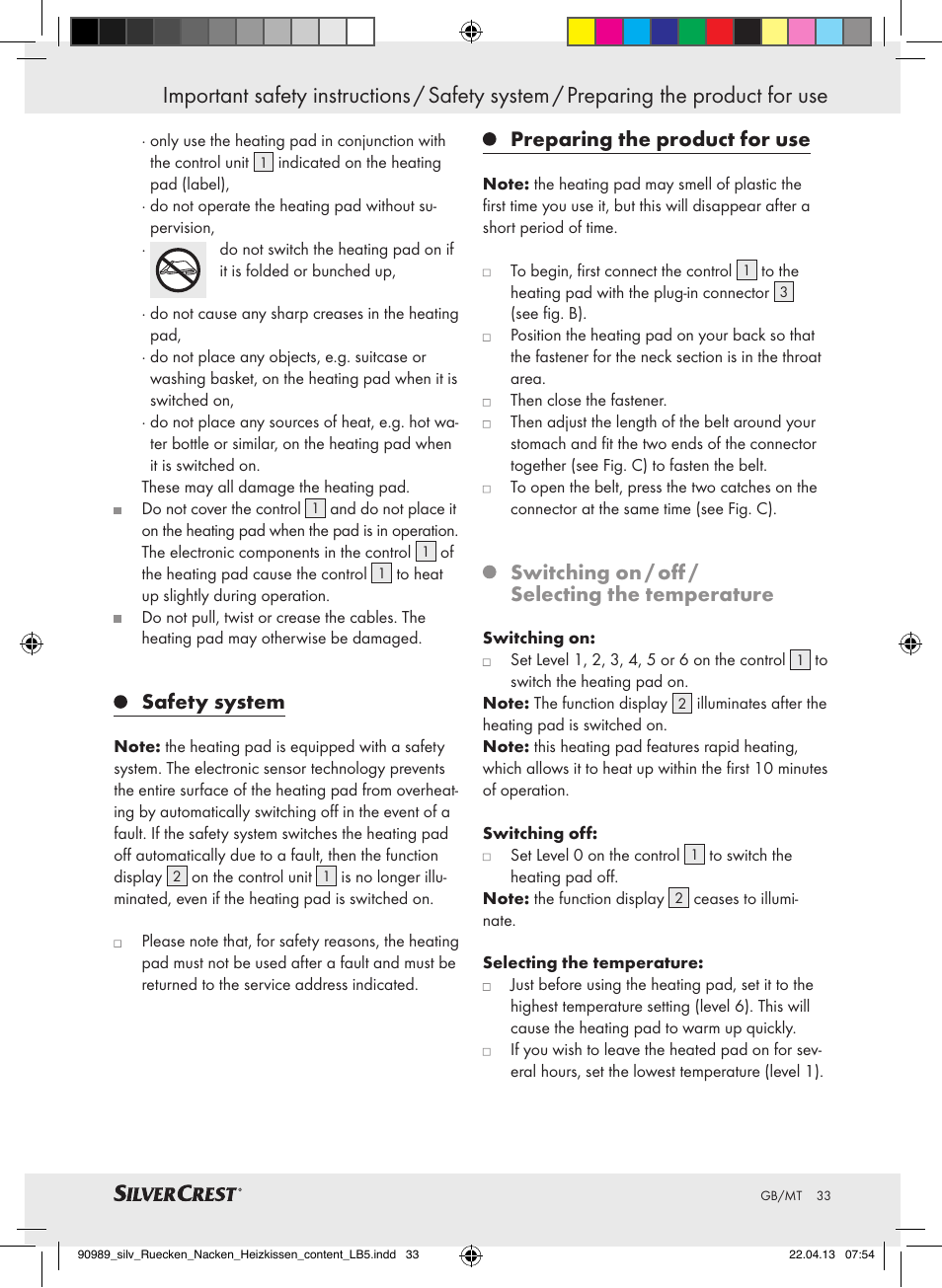 Safety system, Preparing the product for use, Switching on / off / selecting the temperature | Silvercrest SRNH 100 B2 User Manual | Page 33 / 45