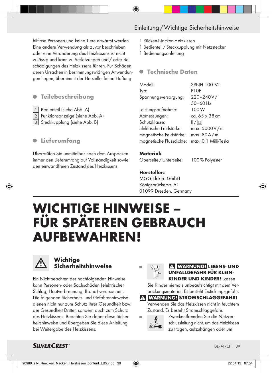 Einleitung / wichtige sicherheitshinweise | Silvercrest SRNH 100 B2 User Manual | Page 39 / 45