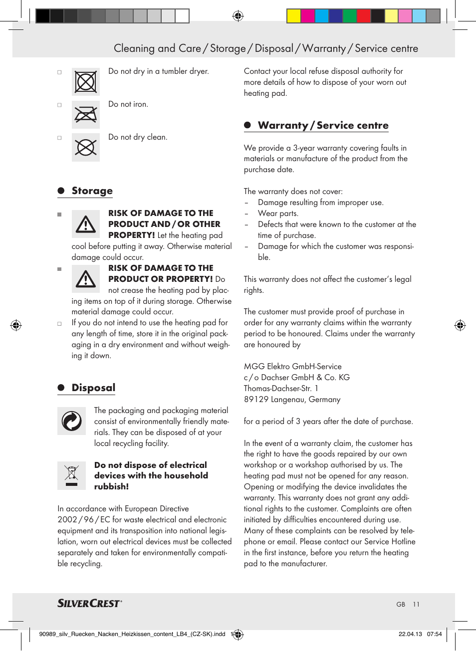 Storage, Disposal, Warranty / service centre | Silvercrest SRNH 100 B2 User Manual | Page 11 / 37