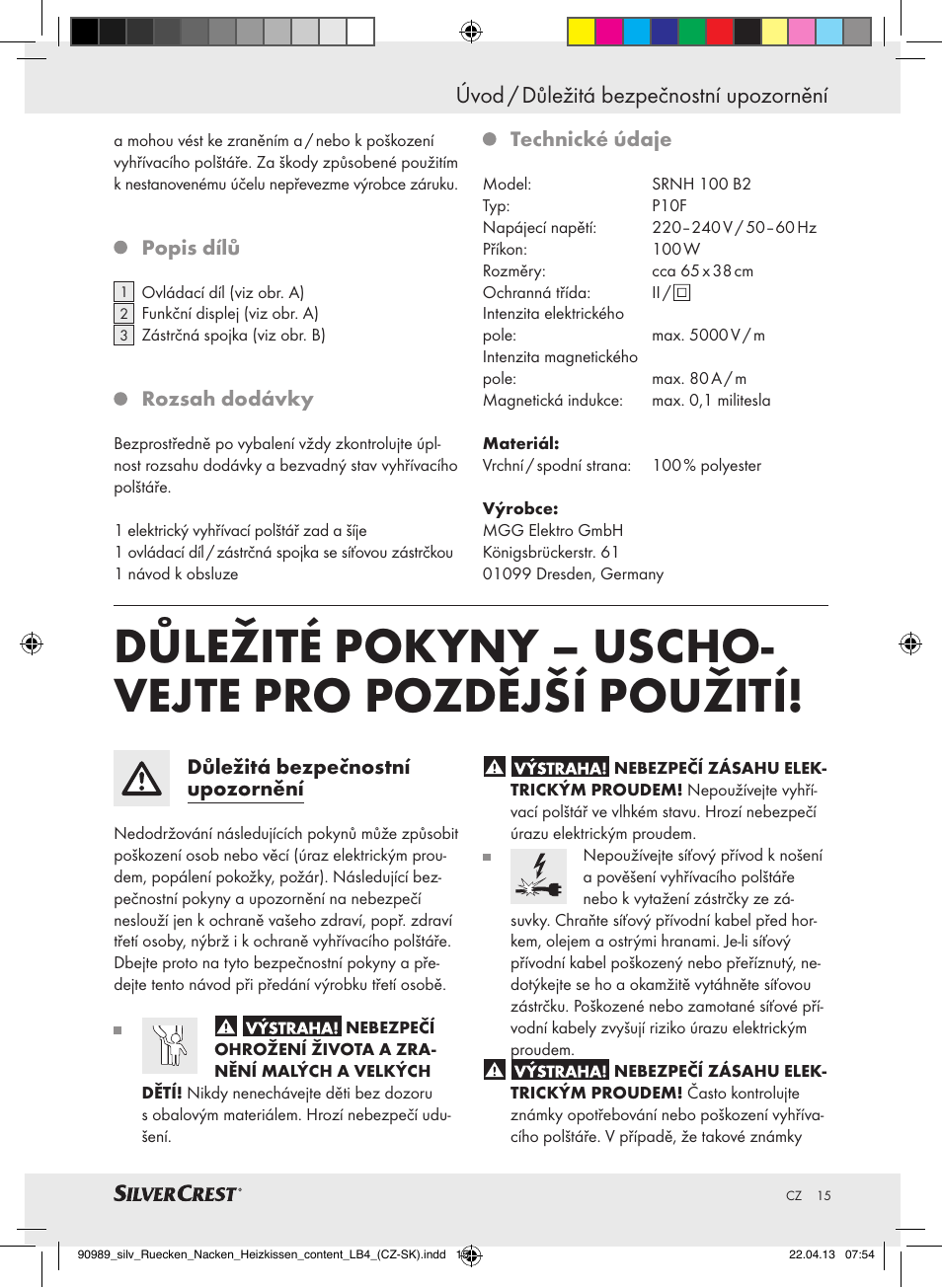 Úvod / důležitá bezpečnostní upozornění | Silvercrest SRNH 100 B2 User Manual | Page 15 / 37