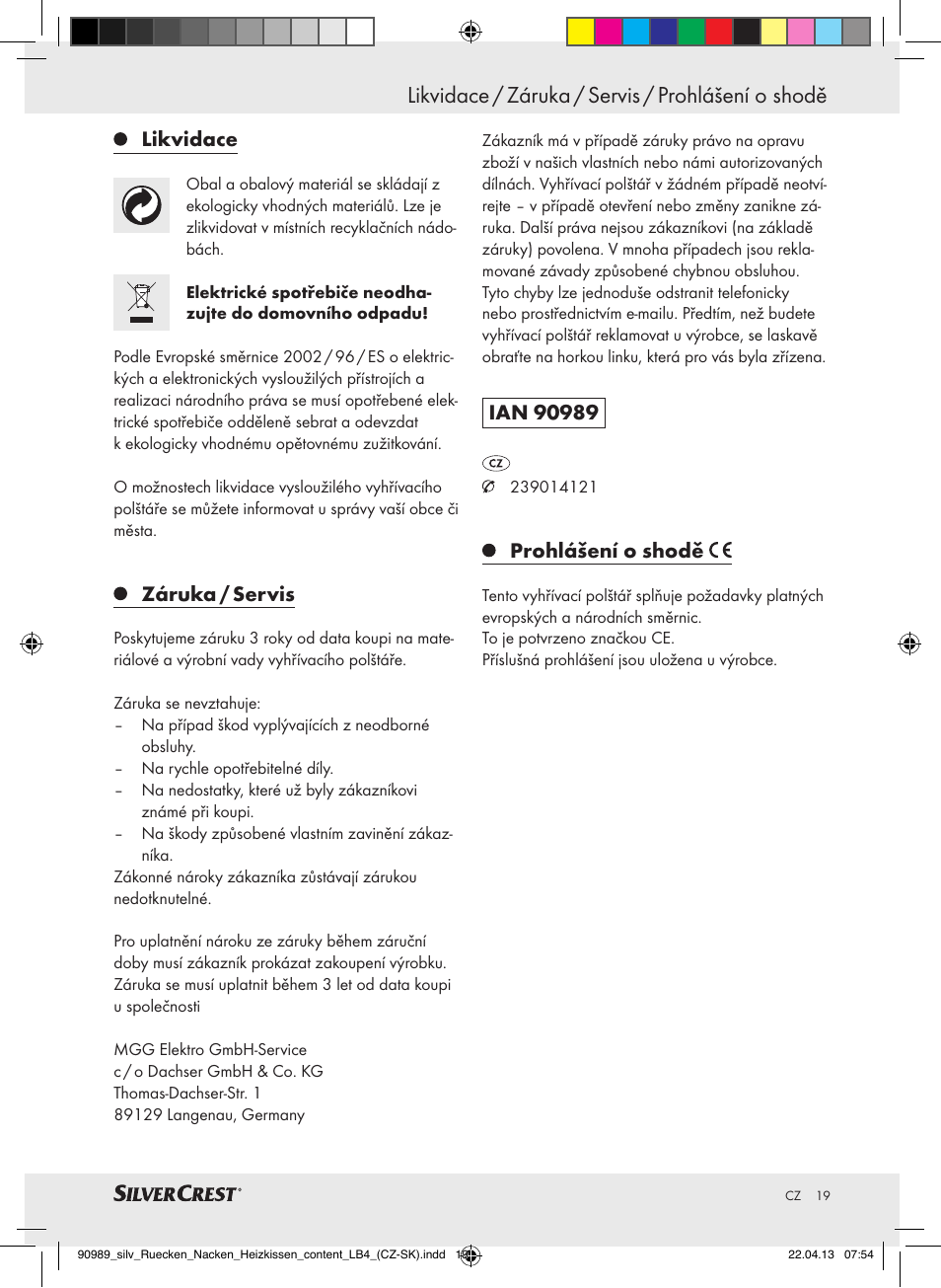 Likvidace / záruka / servis / prohlášení o shodě, Likvidace, Záruka / servis | Prohlášení o shodě | Silvercrest SRNH 100 B2 User Manual | Page 19 / 37