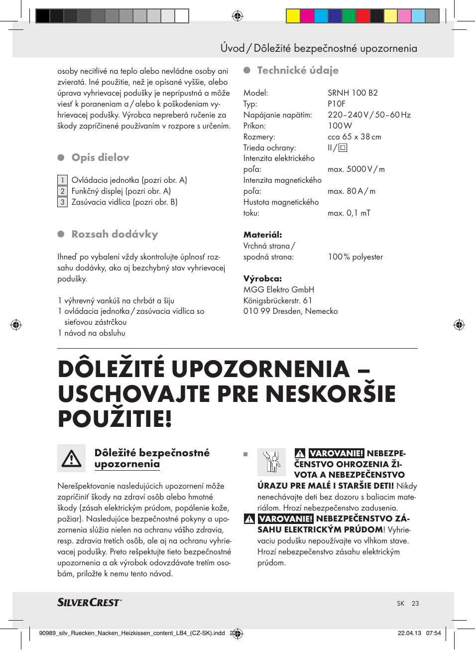 Úvod / dôležité bezpečnostné upozornenia | Silvercrest SRNH 100 B2 User Manual | Page 23 / 37