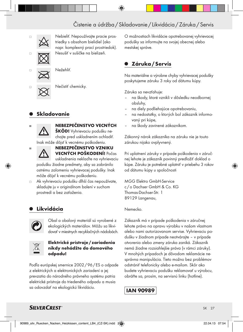 Skladovanie, Likvidácia, Záruka / servis | Silvercrest SRNH 100 B2 User Manual | Page 27 / 37