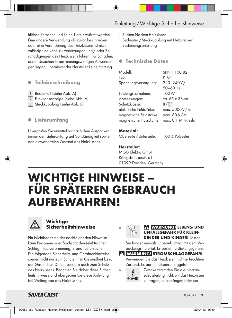 Einleitung / wichtige sicherheitshinweise | Silvercrest SRNH 100 B2 User Manual | Page 31 / 37