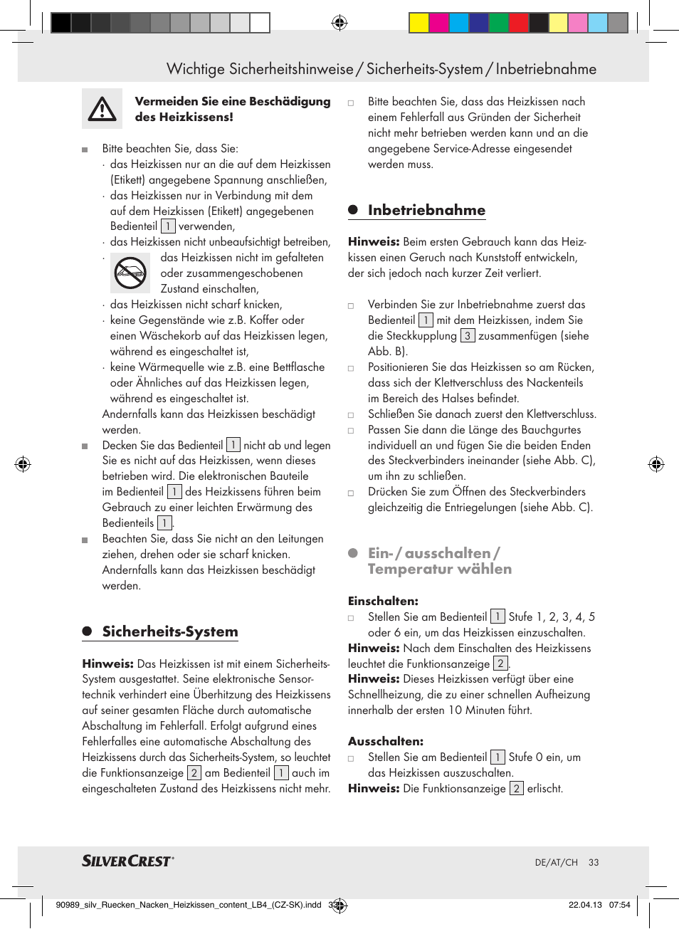 Sicherheits-system, Inbetriebnahme, Ein- / ausschalten / temperatur wählen | Silvercrest SRNH 100 B2 User Manual | Page 33 / 37
