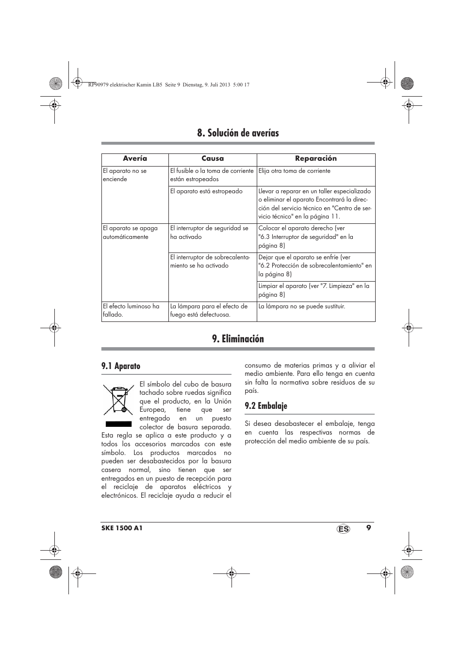 Solución de averías 9. eliminación, 1 aparato, 2 embalaje | Silvercrest SKE 1500 A1 User Manual | Page 11 / 50