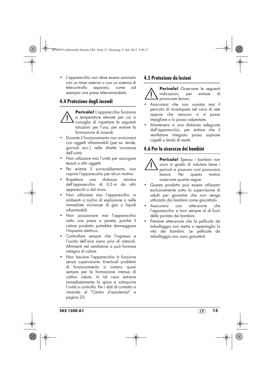 4 protezione dagli incendi, 5 protezione da lesioni, 6 per la sicurezza dei bambini | Silvercrest SKE 1500 A1 User Manual | Page 17 / 50