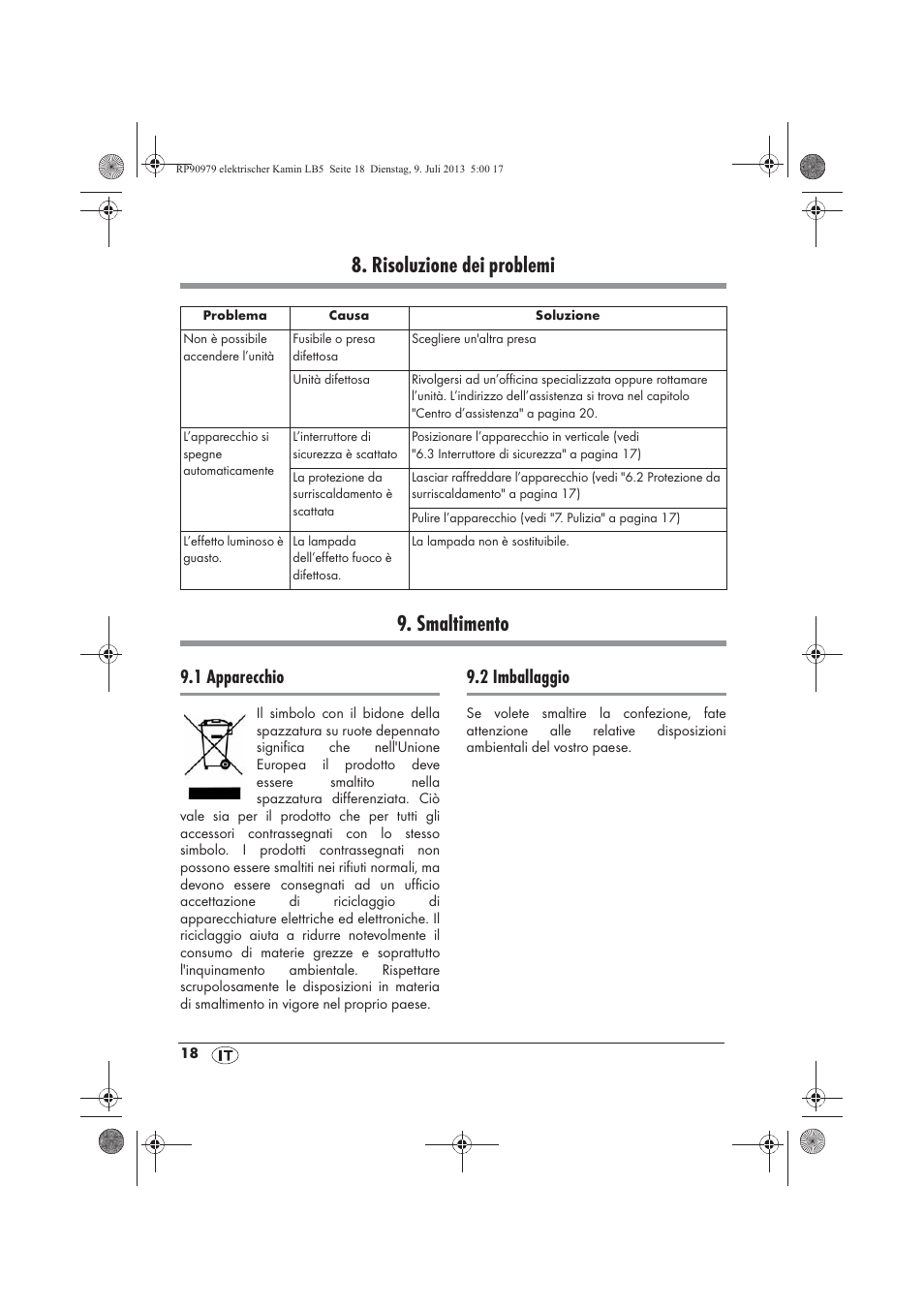 Risoluzione dei problemi 9. smaltimento, 1 apparecchio, 2 imballaggio | Silvercrest SKE 1500 A1 User Manual | Page 20 / 50