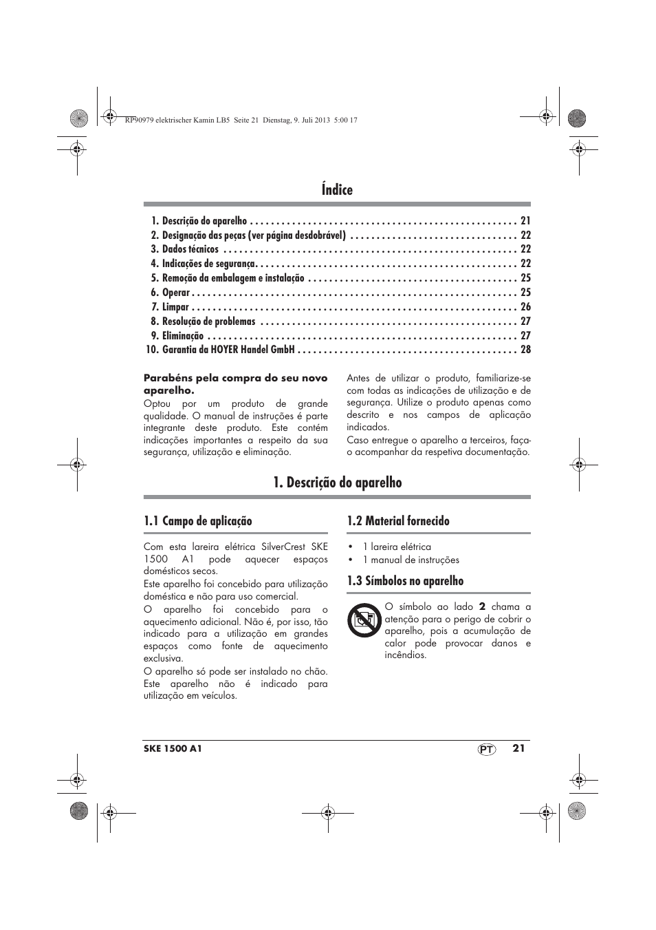 Índice, Descrição do aparelho | Silvercrest SKE 1500 A1 User Manual | Page 23 / 50