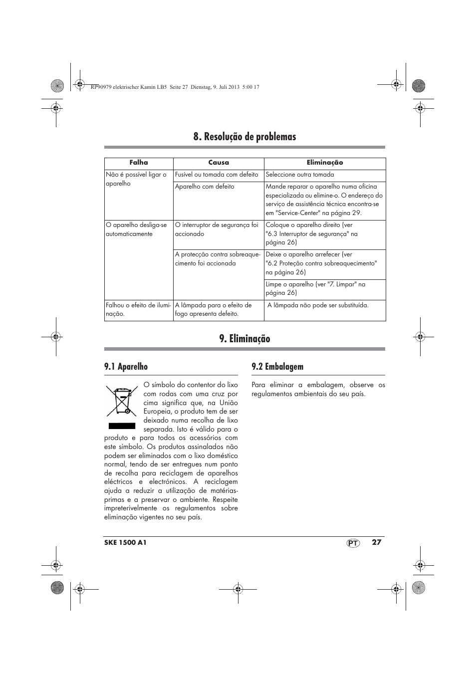 Resolução de problemas 9. eliminação, 1 aparelho, 2 embalagem | Silvercrest SKE 1500 A1 User Manual | Page 29 / 50