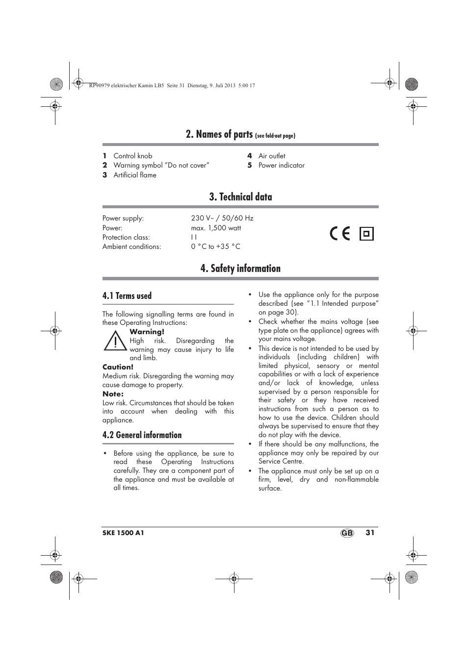 Names of parts, Technical data, Safety information | 1 terms used, 2 general information | Silvercrest SKE 1500 A1 User Manual | Page 33 / 50