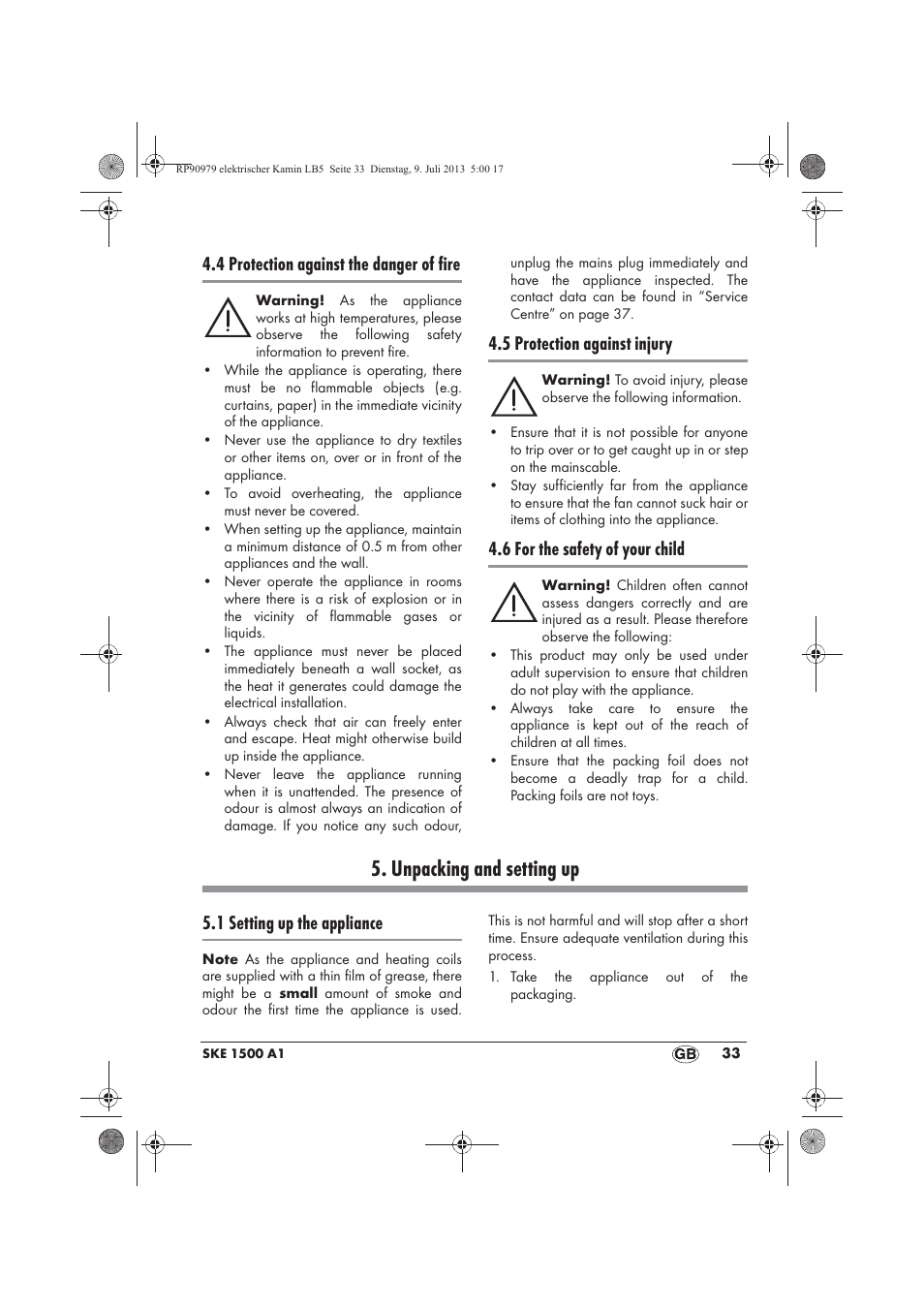 Unpacking and setting up, 4 protection against the danger of fire, 5 protection against injury | 6 for the safety of your child, 1 setting up the appliance | Silvercrest SKE 1500 A1 User Manual | Page 35 / 50