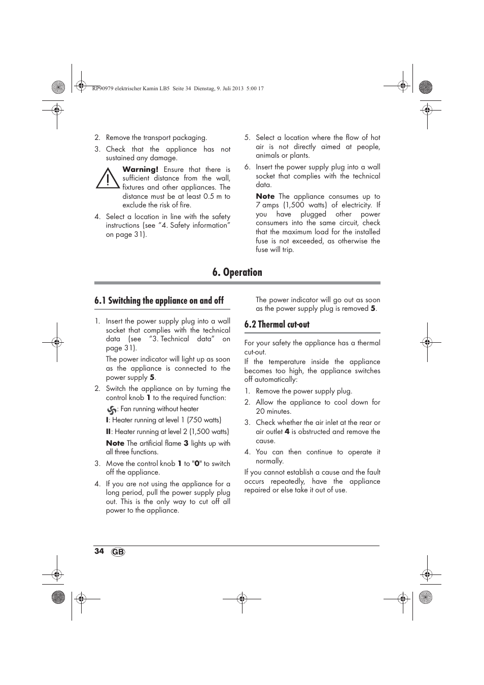 Operation, 1 switching the appliance on and off, 2 thermal cut-out | Silvercrest SKE 1500 A1 User Manual | Page 36 / 50