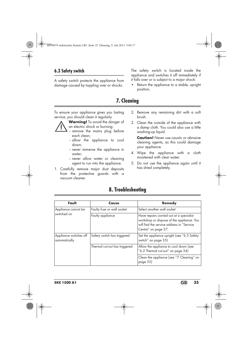 Cleaning, Troubleshooting, 3 safety switch | Silvercrest SKE 1500 A1 User Manual | Page 37 / 50