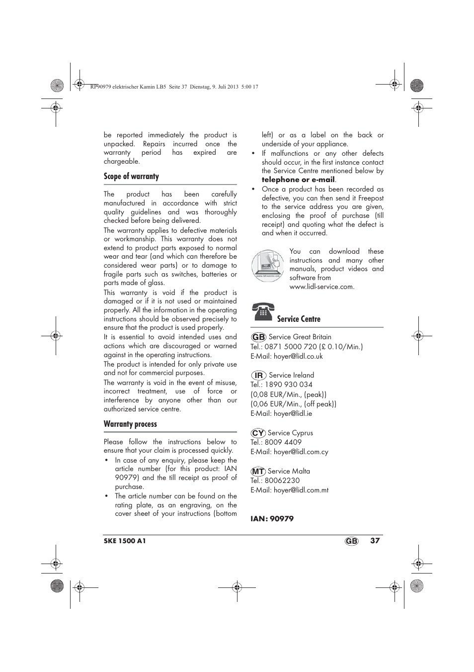 Scope of warranty, Warranty process, Service centre | Silvercrest SKE 1500 A1 User Manual | Page 39 / 50