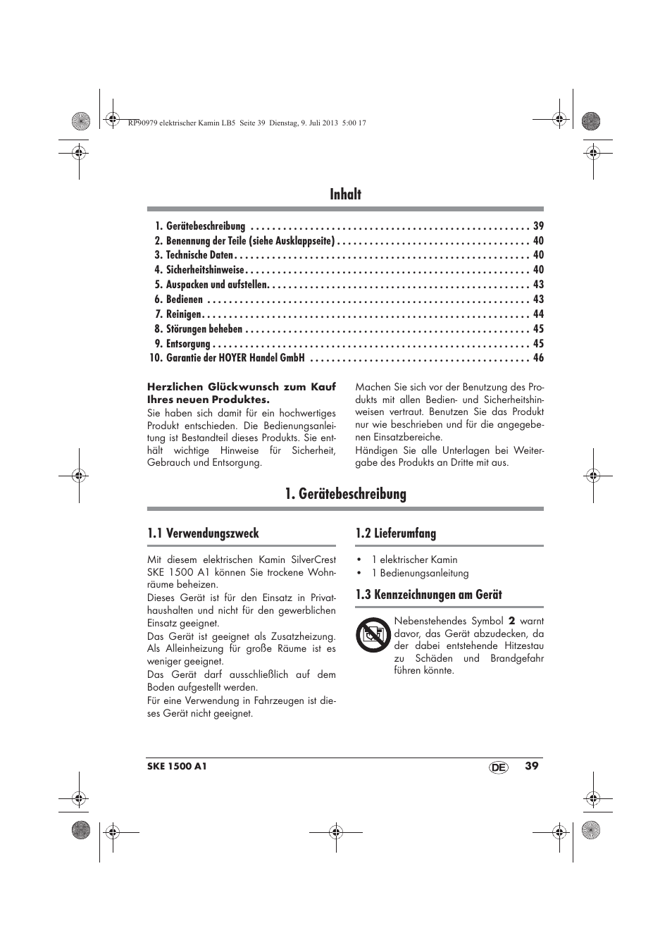 Inhalt, Gerätebeschreibung | Silvercrest SKE 1500 A1 User Manual | Page 41 / 50