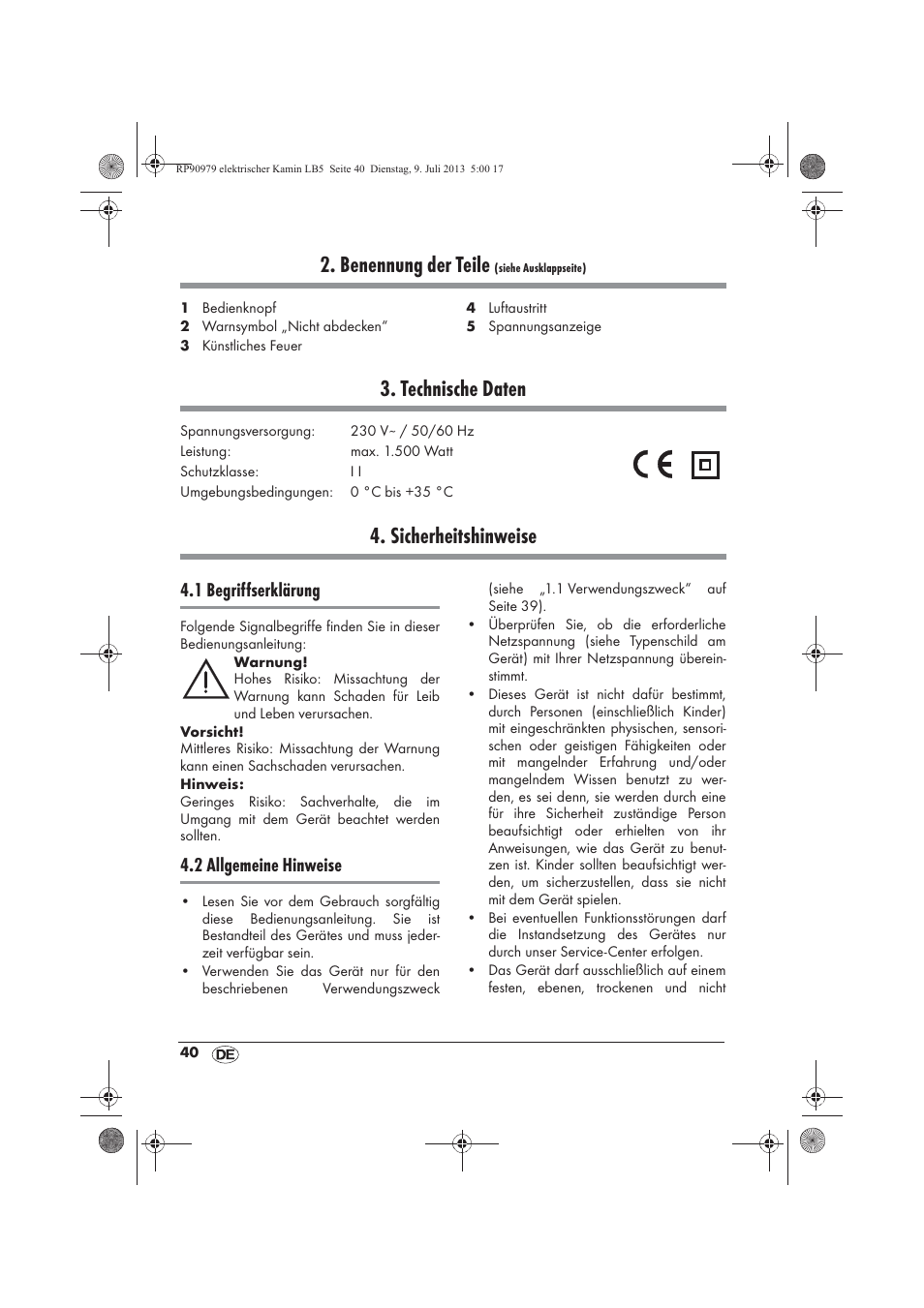 Benennung der teile, Technische daten, Sicherheitshinweise | 1 begriffserklärung, 2 allgemeine hinweise | Silvercrest SKE 1500 A1 User Manual | Page 42 / 50