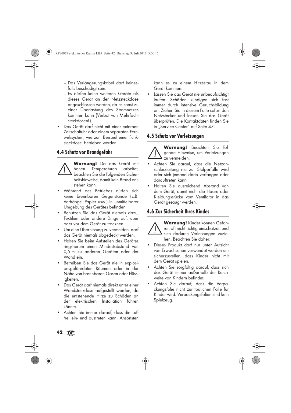 4 schutz vor brandgefahr, 5 schutz vor verletzungen, 6 zur sicherheit ihres kindes | Silvercrest SKE 1500 A1 User Manual | Page 44 / 50