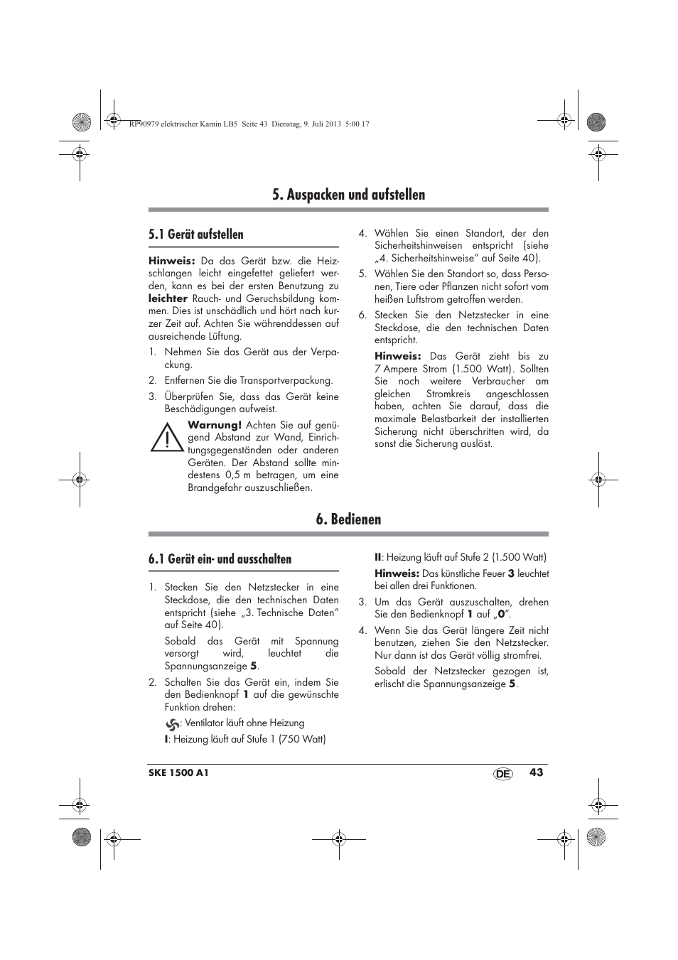 Auspacken und aufstellen, Bedienen, 1 gerät aufstellen | 1 gerät ein- und ausschalten | Silvercrest SKE 1500 A1 User Manual | Page 45 / 50