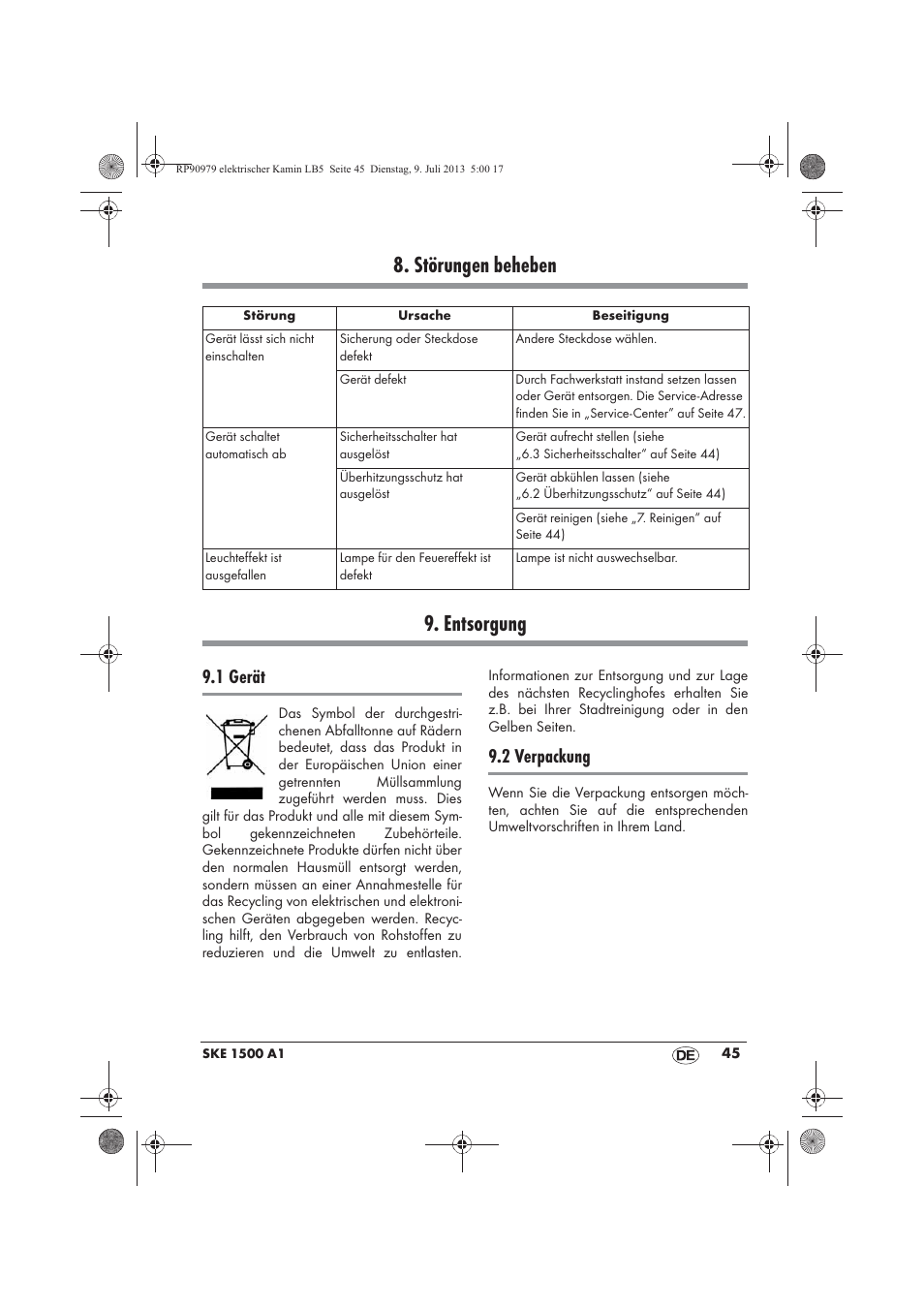 Störungen beheben 9. entsorgung, 1 gerät, 2 verpackung | Silvercrest SKE 1500 A1 User Manual | Page 47 / 50