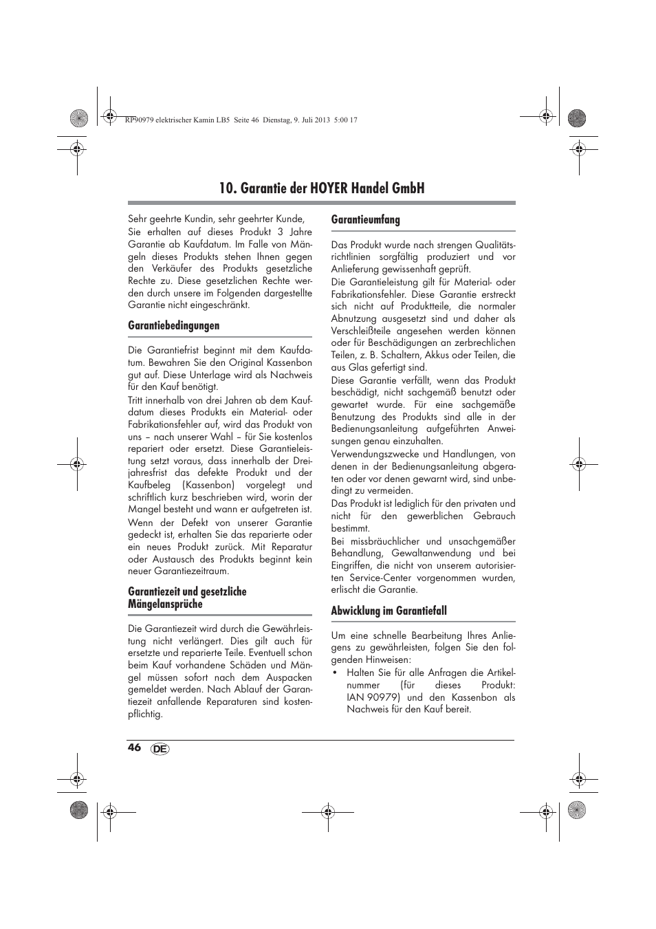 Garantie der hoyer handel gmbh | Silvercrest SKE 1500 A1 User Manual | Page 48 / 50