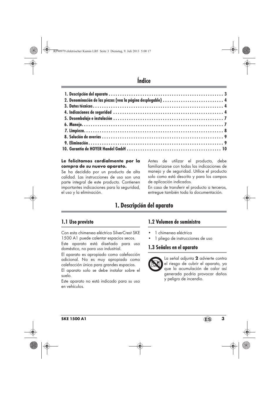 Índice, Descripción del aparato | Silvercrest SKE 1500 A1 User Manual | Page 5 / 50