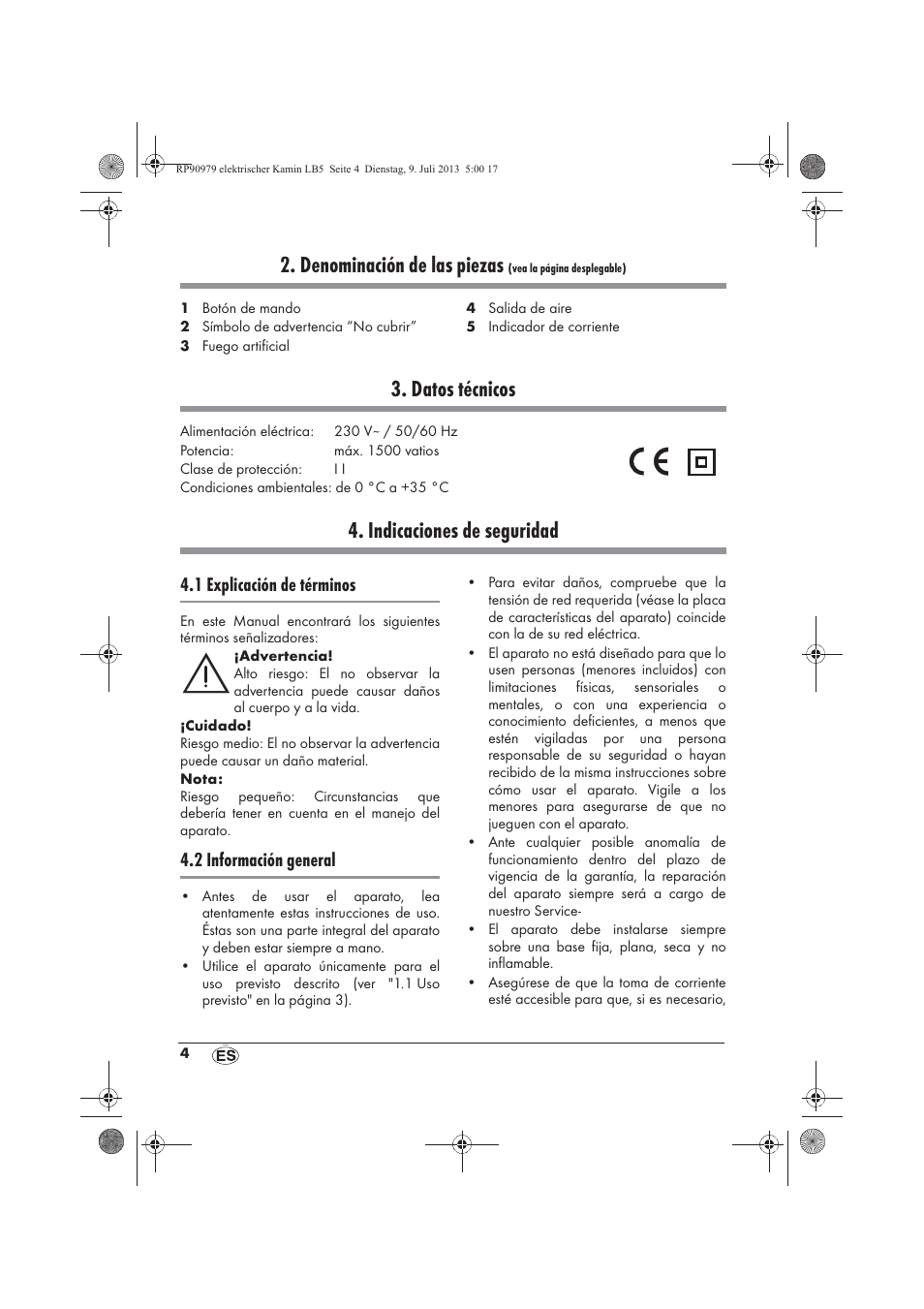 Denominación de las piezas, Datos técnicos, Indicaciones de seguridad | 1 explicación de términos, 2 información general | Silvercrest SKE 1500 A1 User Manual | Page 6 / 50