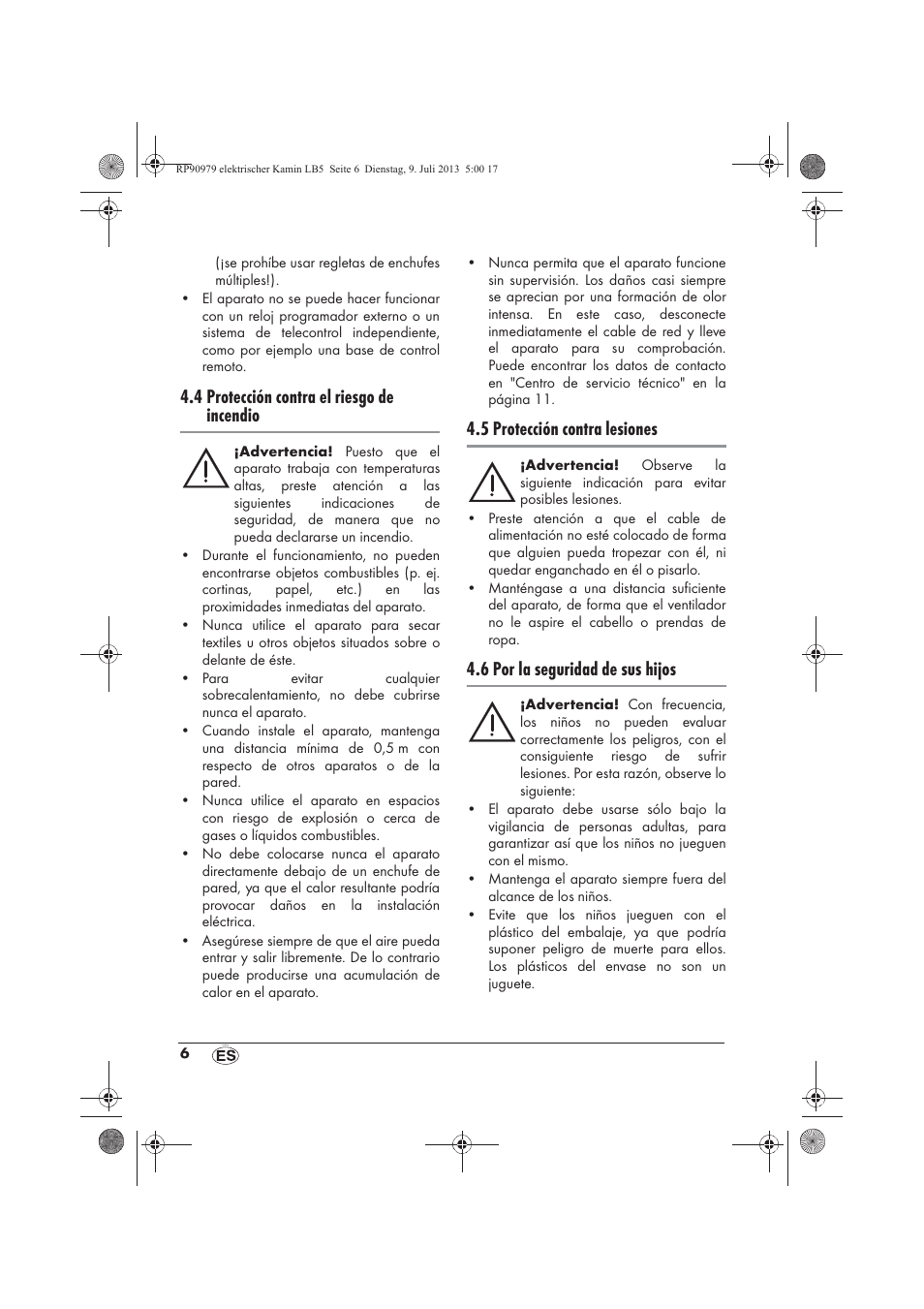 4 protección contra el riesgo de incendio, 5 protección contra lesiones, 6 por la seguridad de sus hijos | Silvercrest SKE 1500 A1 User Manual | Page 8 / 50