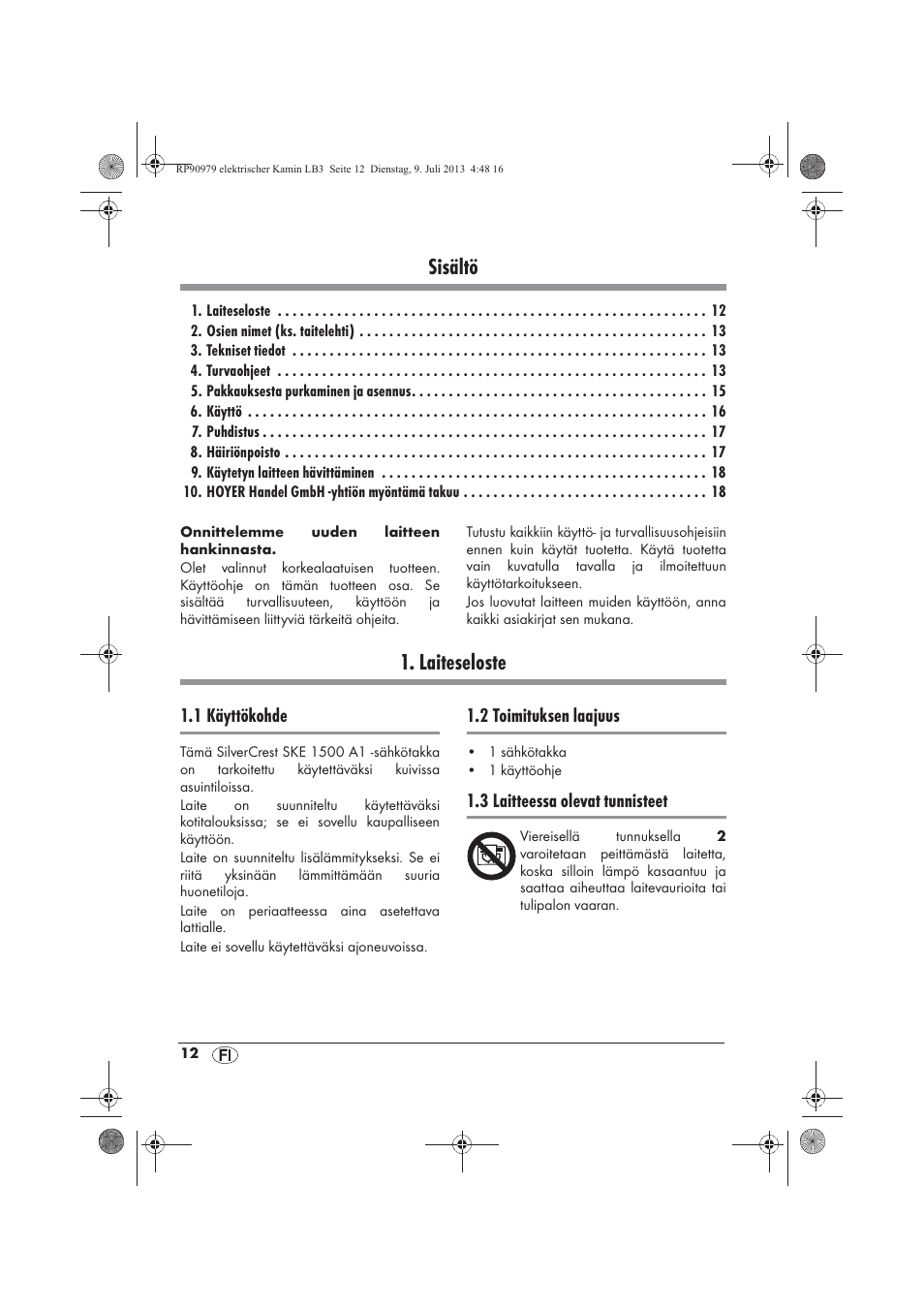 Sisältö, Laiteseloste | Silvercrest SKE 1500 A1 User Manual | Page 14 / 66