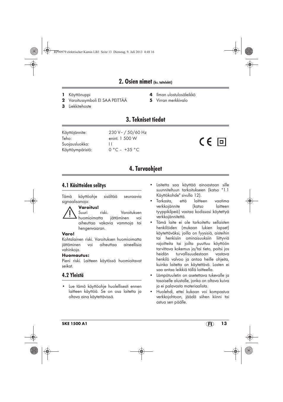 Osien nimet, Tekniset tiedot, Turvaohjeet | 1 käsitteiden selitys, 2 yleistä | Silvercrest SKE 1500 A1 User Manual | Page 15 / 66