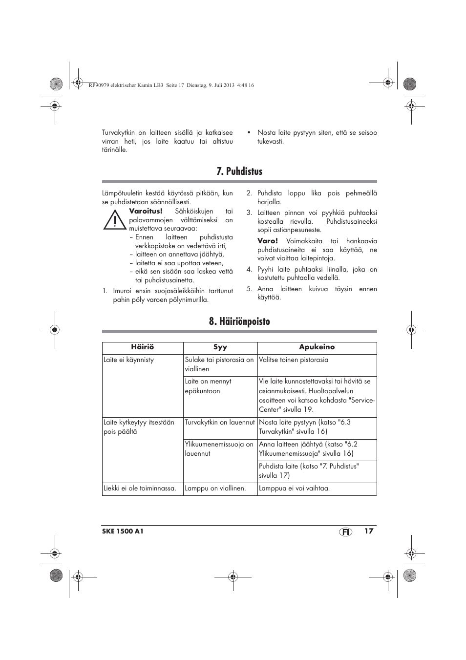 Puhdistus, Häiriönpoisto | Silvercrest SKE 1500 A1 User Manual | Page 19 / 66