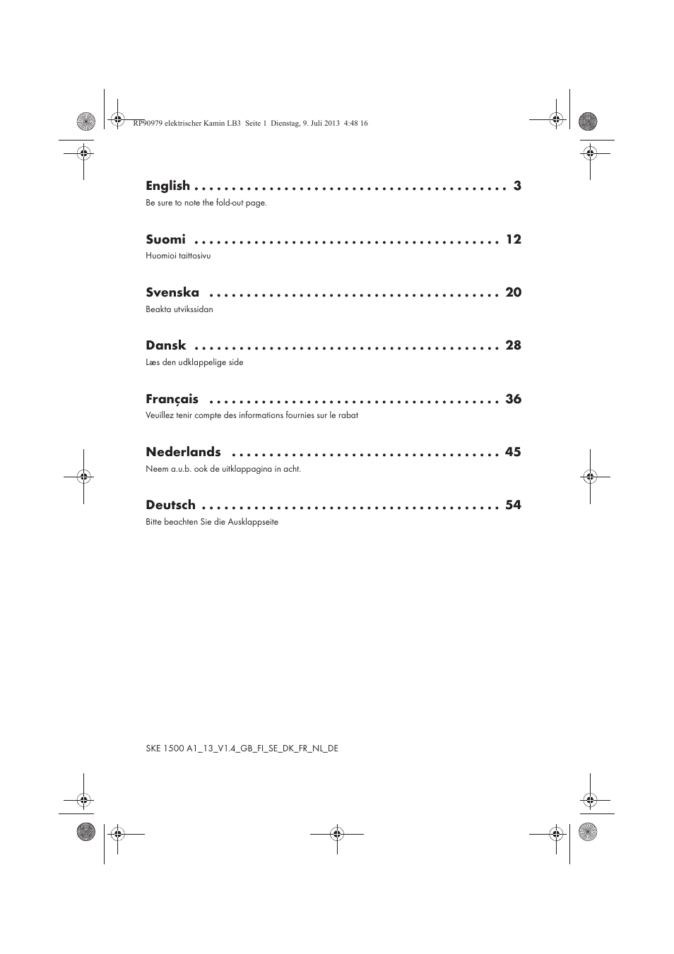 English, Suomi, Svenska | Dansk, Français, Nederlands, Deutsch | Silvercrest SKE 1500 A1 User Manual | Page 2 / 66