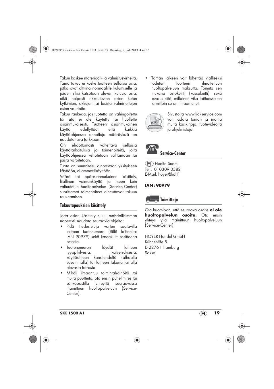 Takuutapauksien käsittely, Service-center, Toimittaja | Silvercrest SKE 1500 A1 User Manual | Page 21 / 66