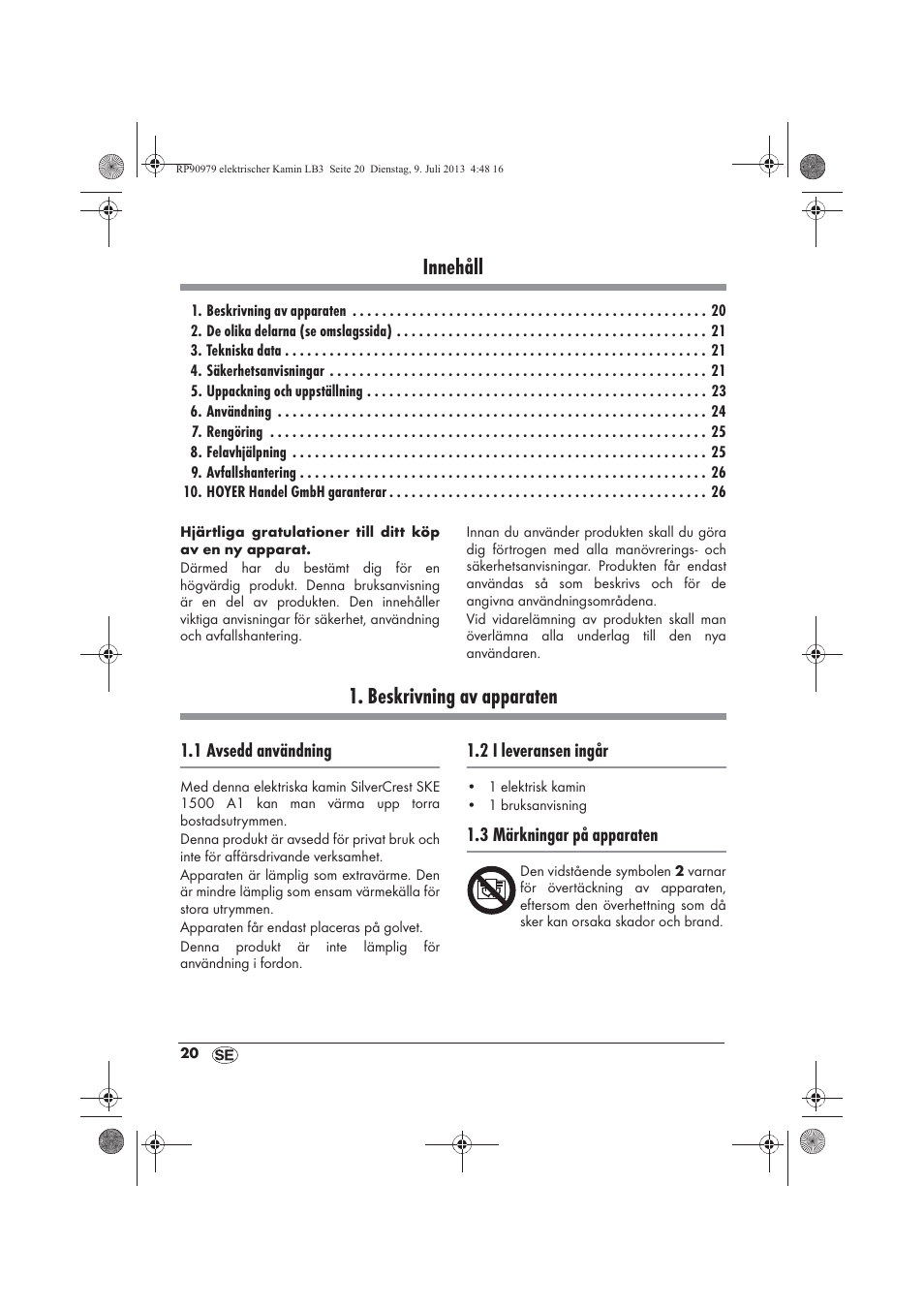 Innehåll, Beskrivning av apparaten | Silvercrest SKE 1500 A1 User Manual | Page 22 / 66