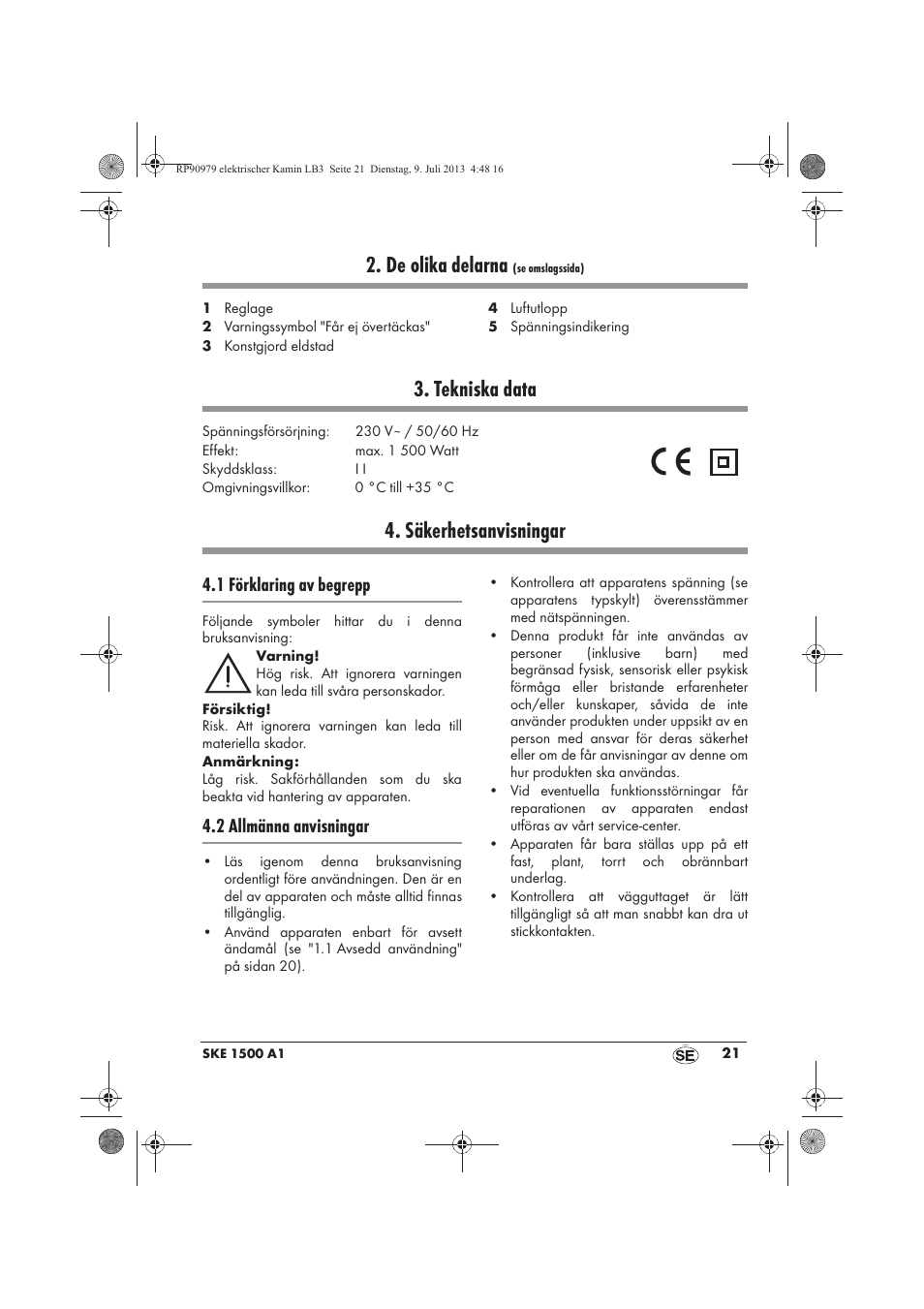 De olika delarna, Tekniska data, Säkerhetsanvisningar | 1 förklaring av begrepp, 2 allmänna anvisningar | Silvercrest SKE 1500 A1 User Manual | Page 23 / 66