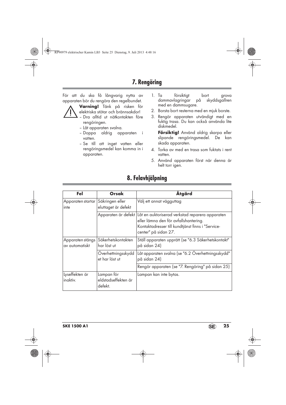 Rengöring, Felavhjälpning | Silvercrest SKE 1500 A1 User Manual | Page 27 / 66