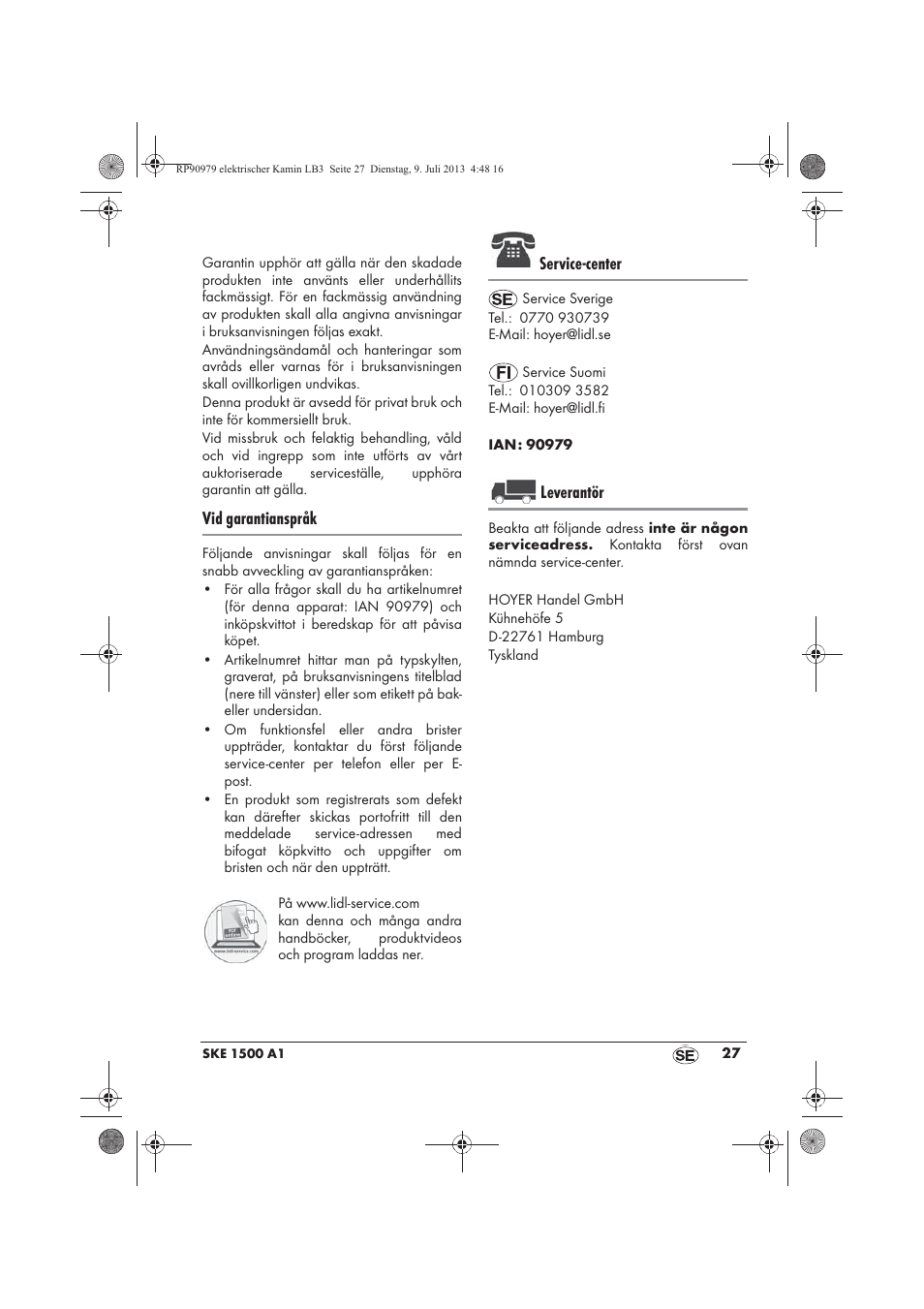 Vid garantianspråk, Service-center, Leverantör | Silvercrest SKE 1500 A1 User Manual | Page 29 / 66