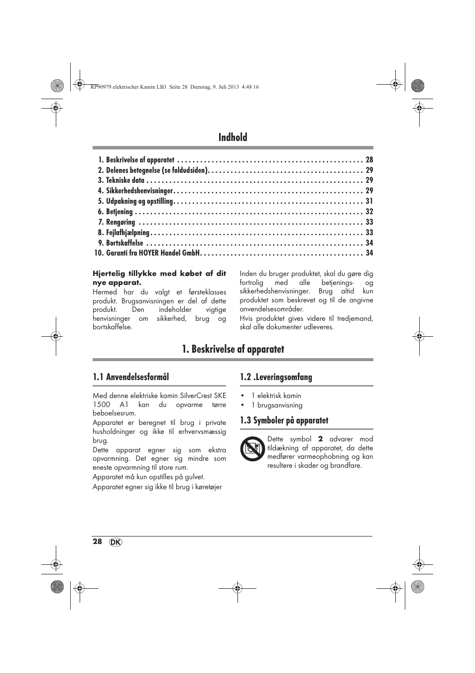 Indhold, Beskrivelse af apparatet | Silvercrest SKE 1500 A1 User Manual | Page 30 / 66