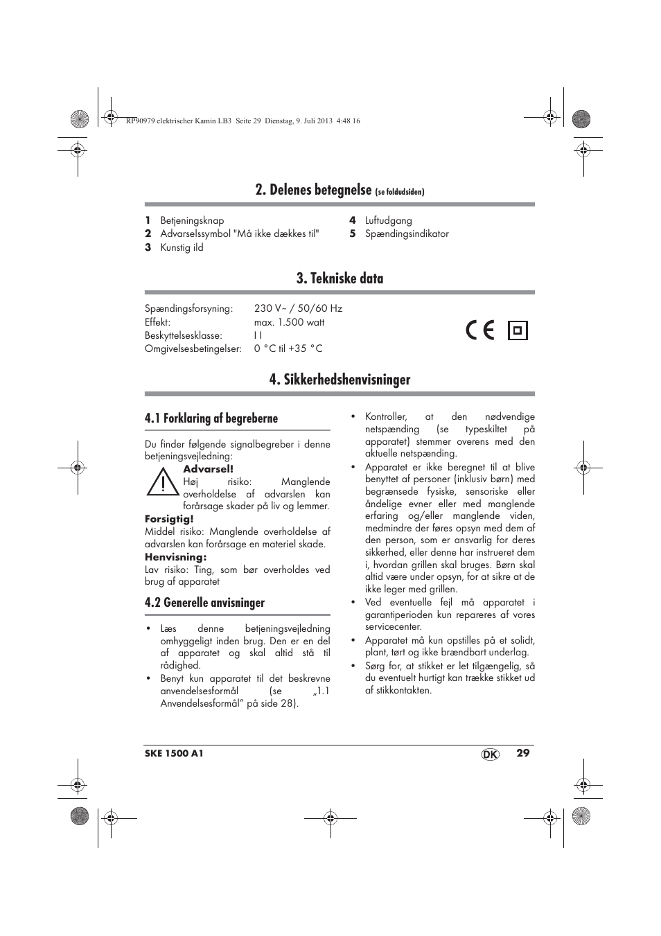 Delenes betegnelse, Tekniske data, Sikkerhedshenvisninger | 1 forklaring af begreberne, 2 generelle anvisninger | Silvercrest SKE 1500 A1 User Manual | Page 31 / 66