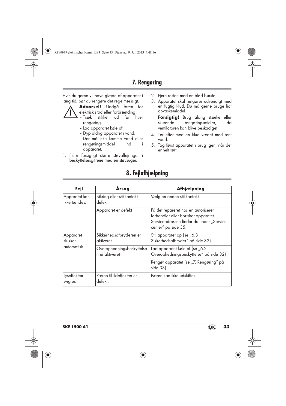 Rengøring, Fejlafhjælpning | Silvercrest SKE 1500 A1 User Manual | Page 35 / 66