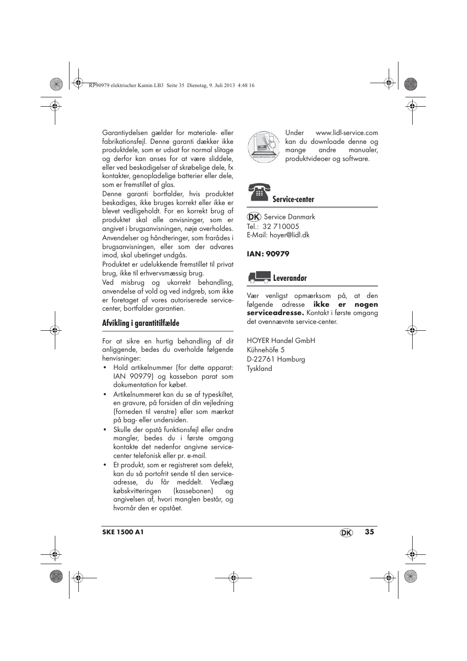 Afvikling i garantitilfælde, Service-center, Leverandør | Silvercrest SKE 1500 A1 User Manual | Page 37 / 66