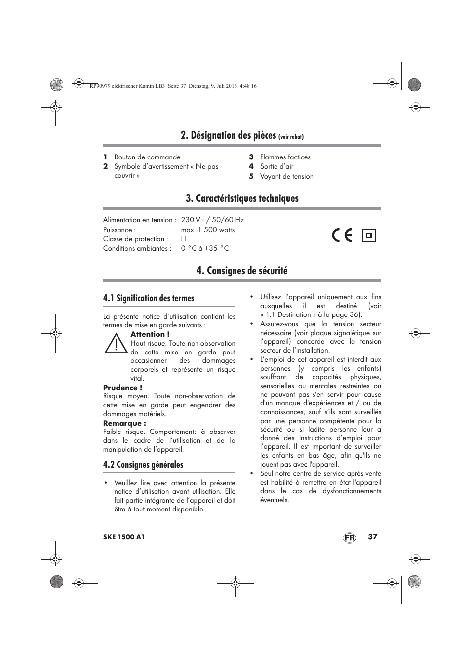 Désignation des pièces, Caractéristiques techniques, Consignes de sécurité | 1 signification des termes, 2 consignes générales | Silvercrest SKE 1500 A1 User Manual | Page 39 / 66