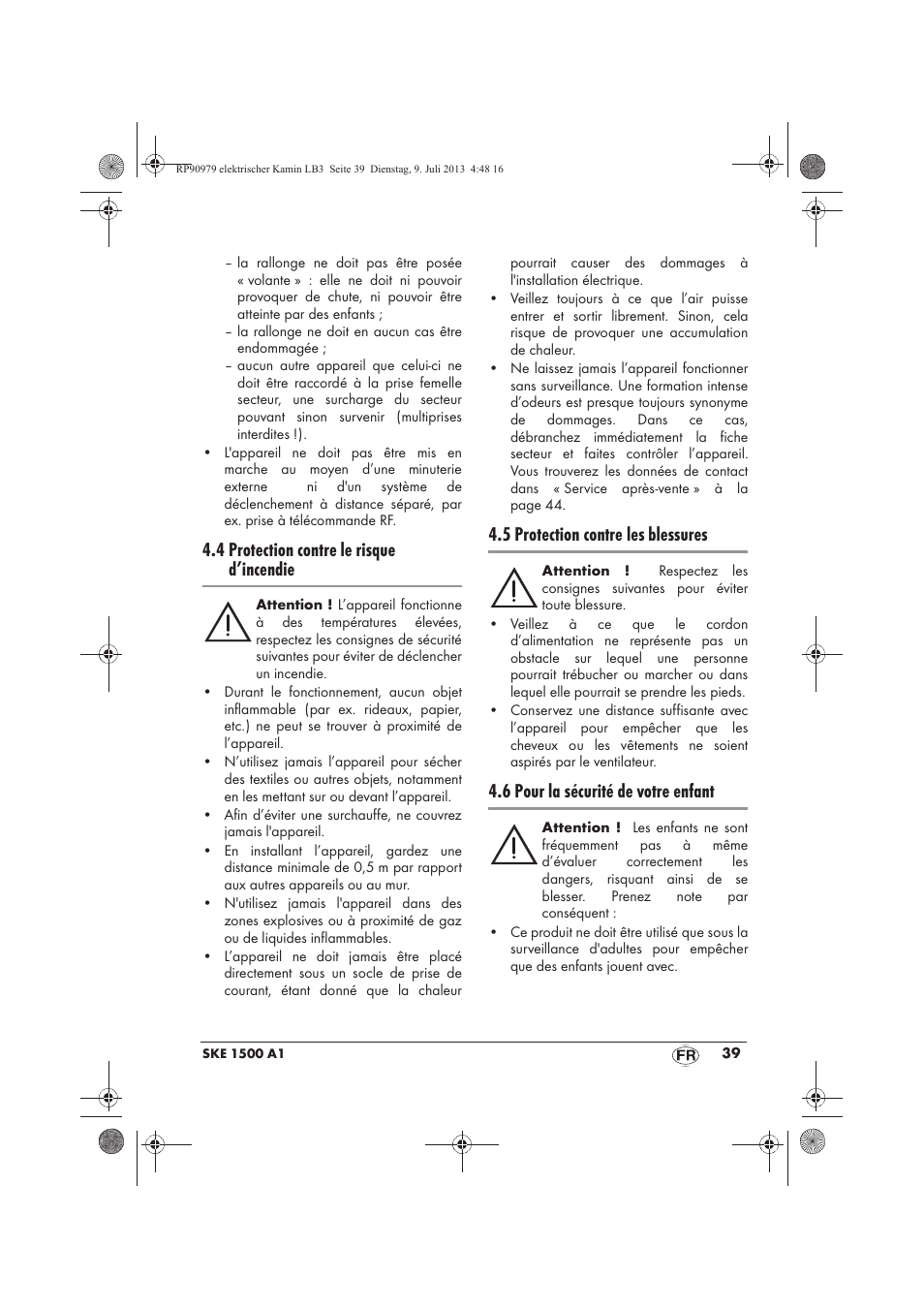 4 protection contre le risque d’incendie, 5 protection contre les blessures, 6 pour la sécurité de votre enfant | Silvercrest SKE 1500 A1 User Manual | Page 41 / 66