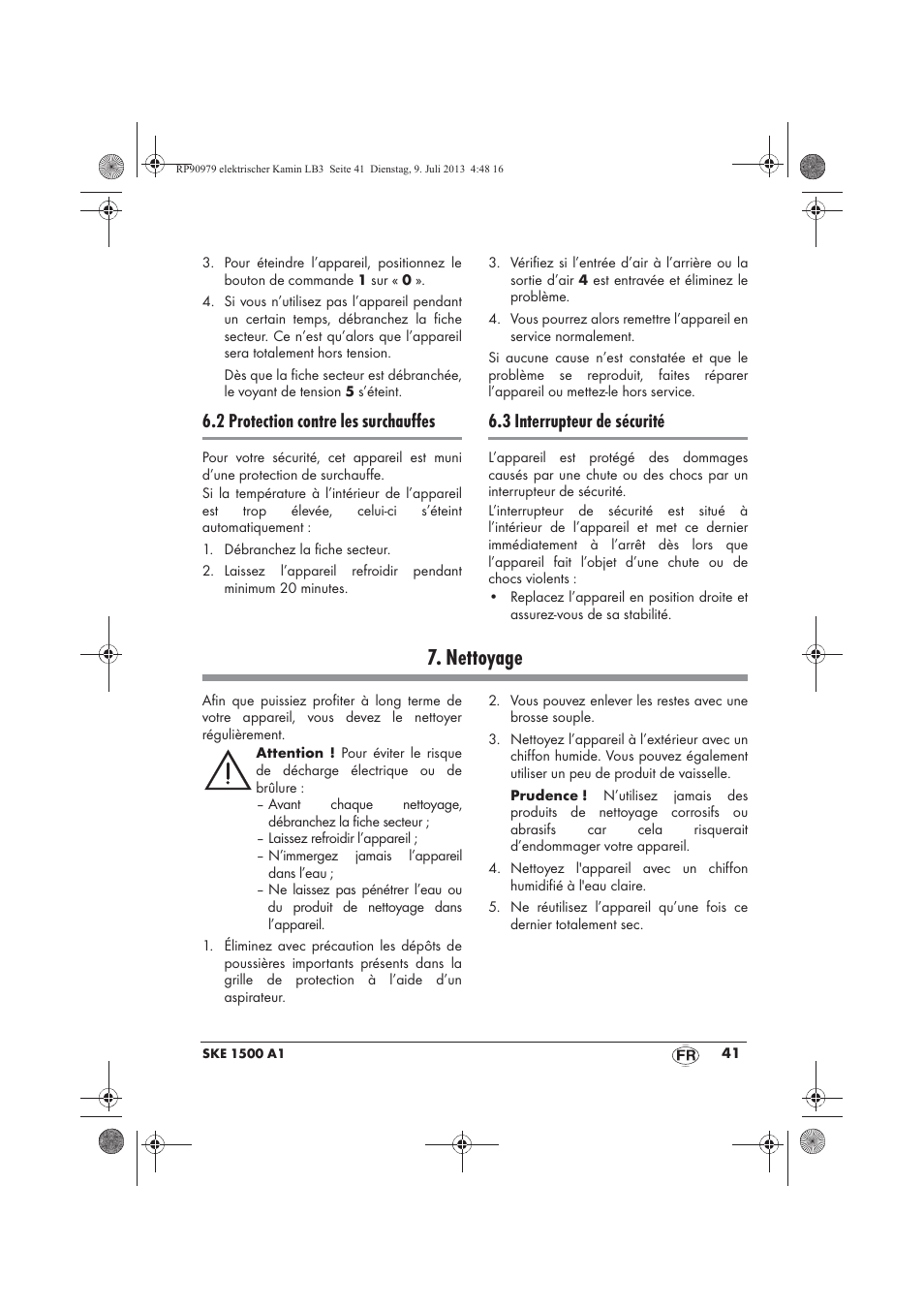 Nettoyage, 2 protection contre les surchauffes, 3 interrupteur de sécurité | Silvercrest SKE 1500 A1 User Manual | Page 43 / 66