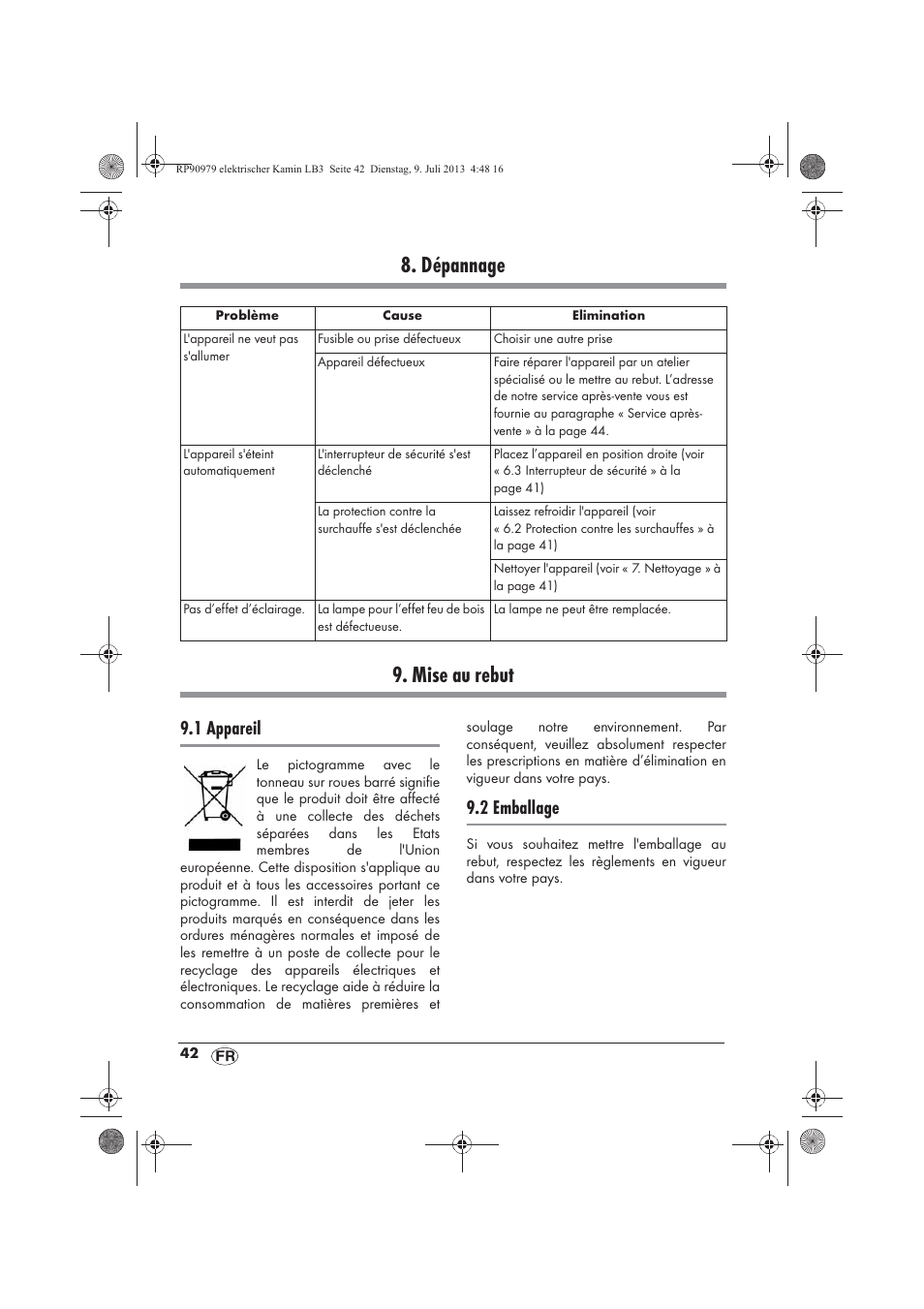 Dépannage 9. mise au rebut, 1 appareil, 2 emballage | Silvercrest SKE 1500 A1 User Manual | Page 44 / 66