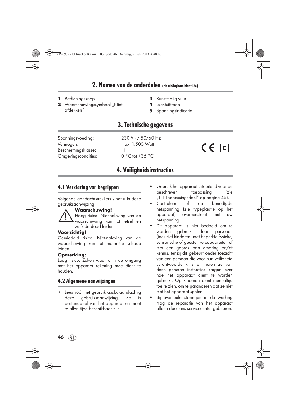 Namen van de onderdelen, Technische gegevens, Veiligheidsinstructies | 1 verklaring van begrippen, 2 algemene aanwijzingen | Silvercrest SKE 1500 A1 User Manual | Page 48 / 66