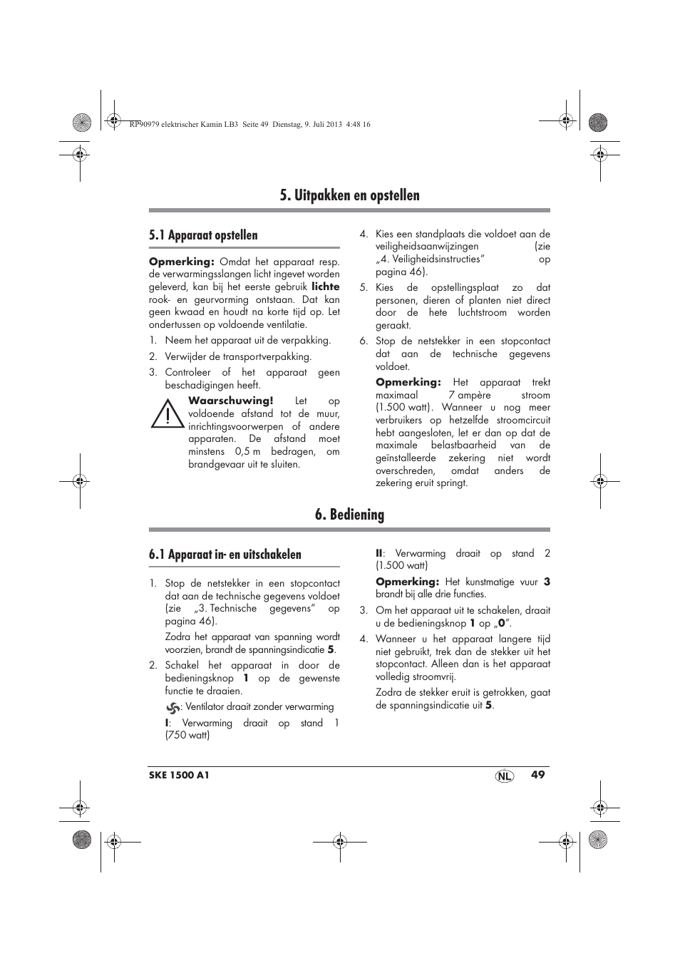 Uitpakken en opstellen, Bediening, 1 apparaat opstellen | 1 apparaat in- en uitschakelen | Silvercrest SKE 1500 A1 User Manual | Page 51 / 66