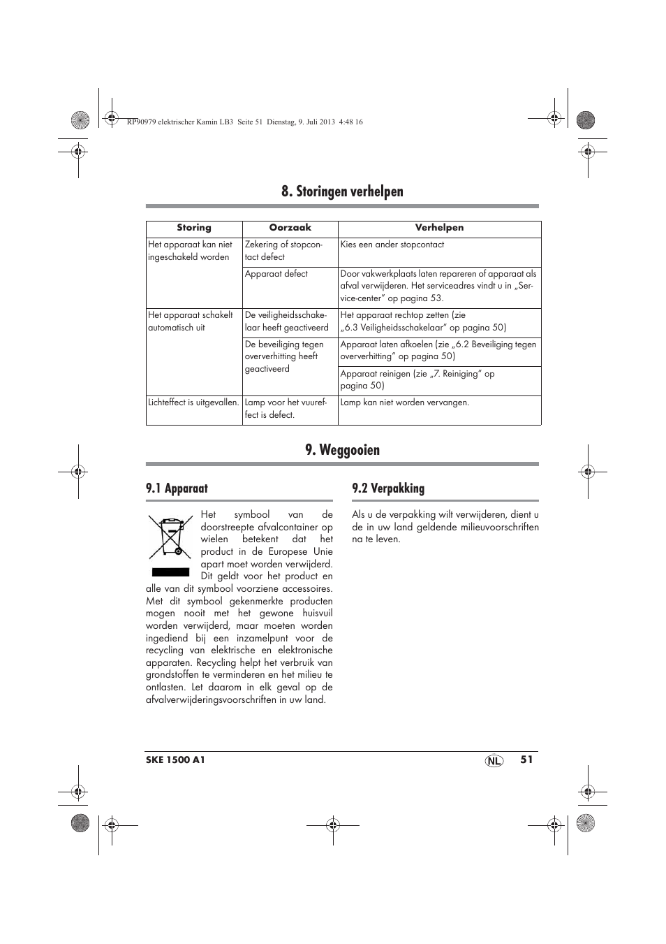 Storingen verhelpen 9. weggooien, 1 apparaat, 2 verpakking | Silvercrest SKE 1500 A1 User Manual | Page 53 / 66